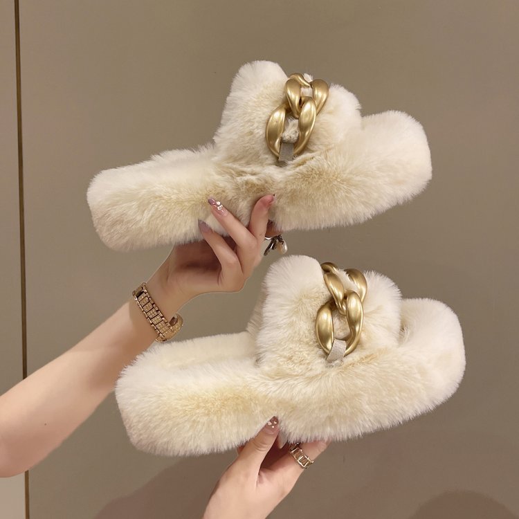 Dames Luxe Trendy Faux Fur Slippers met Ketting Detail | Eshara