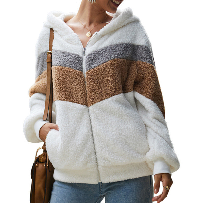 Dames Trendy Comfortabele Teddy Vest Hoodie met Rits en Kleur Vlakken | Shaloma