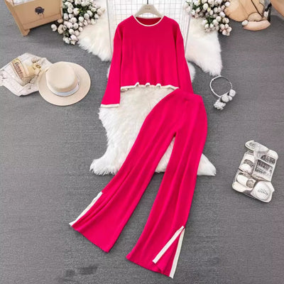 Dames Sportieve Gebreide Tweedelige Set met Broek en Top met Streep Details | Denice