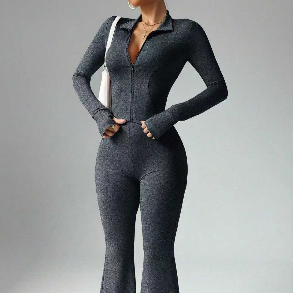 Dames Tweedelige Sport Set met Rits Top en Flared Broek | Dalani