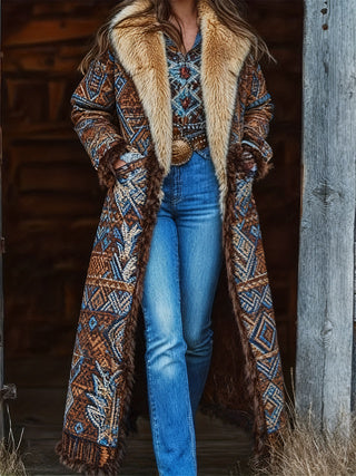 Dames Unieke Warme Lange Jas met Aztec Patroon en Faux Fur Kraag | BIbi