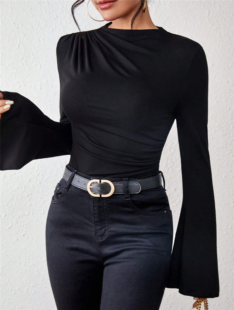Dames Top met Uitlopende Mouwen en Plooidetail | Basic Slim Fit Top | Given