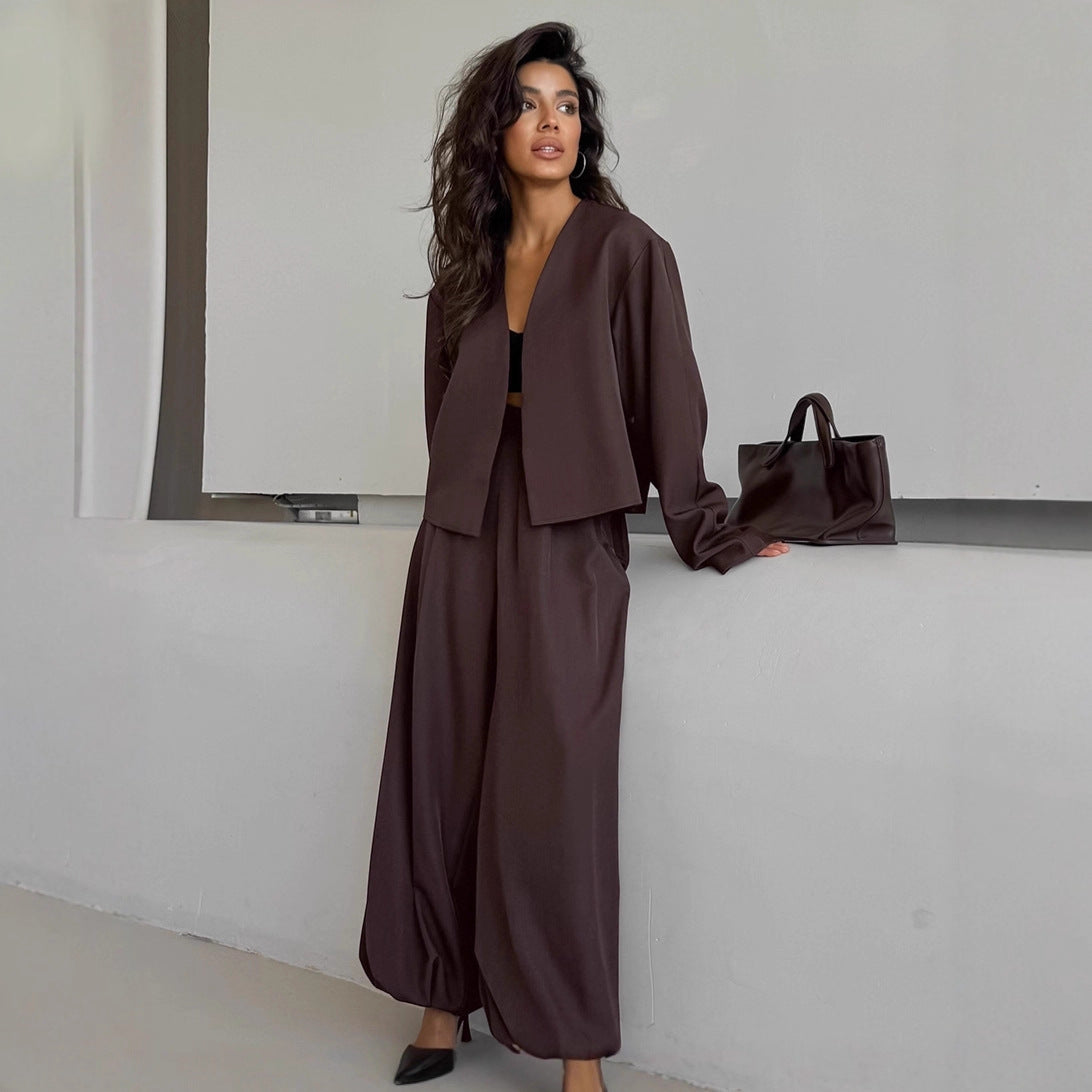 Dames Elegante Minimalistische Tweedelige Set met Wijde Broek en Moderne Blazer | Delicia