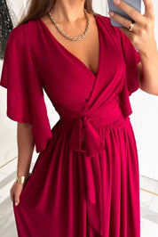 Dames Elegante Maxi Jurk met V-hals en Strikceintuur | Nariva