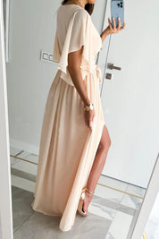 Dames Elegante Maxi Jurk met V-hals en Strikceintuur | Nariva