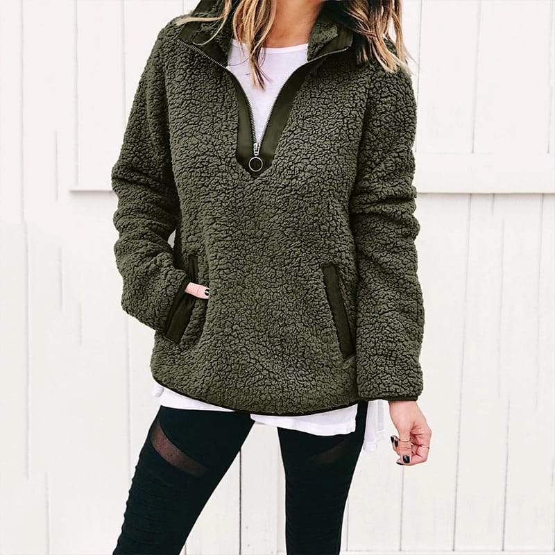 Dames Basic Casual Trendy Veelzijdige Teddy Fleece Trui met Rits en Hoge Kraag | Sophia