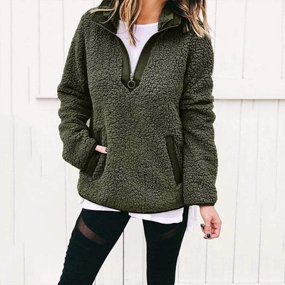 Dames Basic Casual Trendy Veelzijdige Teddy Fleece Trui met Rits en Hoge Kraag | Sophia