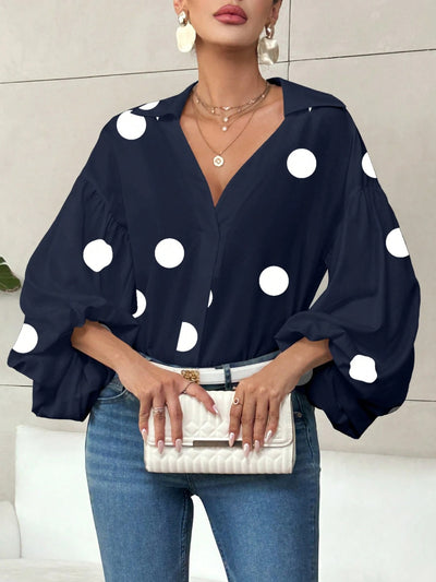 Dames Elegante Koreaanse Style Trendy Blouse met Ballon Mouwen en Grote Polka Dot Stippen Print | Hermalien