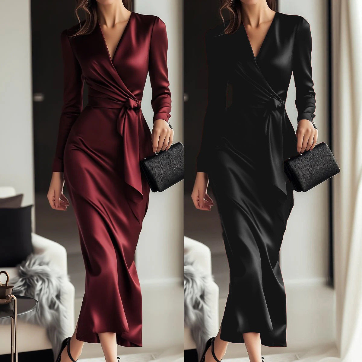 Dames Elegante Satijnen Look Maxi Jurk met V-hals en Tailleceintuur | Nice