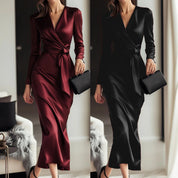 Dames Elegante Satijnen Look Maxi Jurk met V-hals en Tailleceintuur | Nice