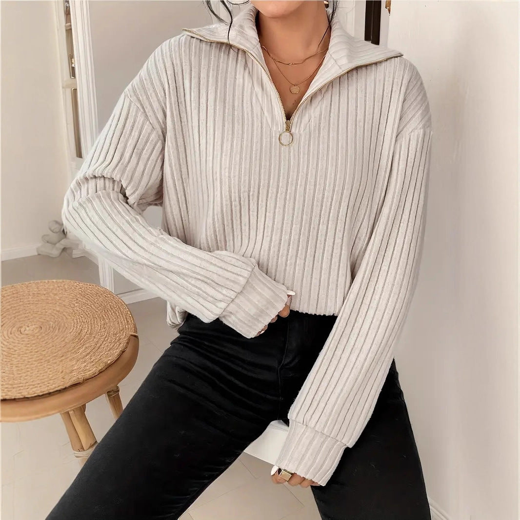 Dames Warme Trendy Rib Top met Lange Mouwen en Rits Detail | Riv