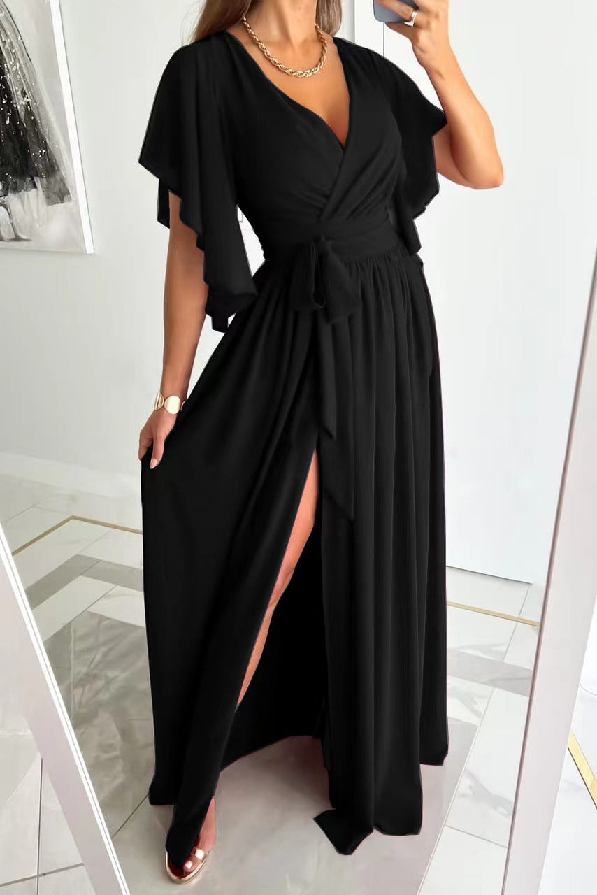 Dames Elegante Maxi Jurk met V-hals en Strikceintuur | Nariva