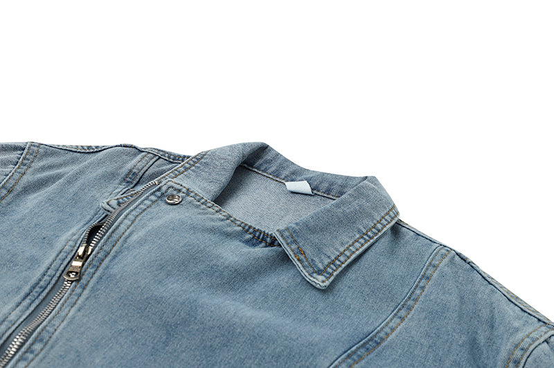 Dames Stijlvolle Korte Denim Biker Model met Grote Kraag | Bazena