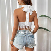 Dames Off-Shoulder Korte Festival Halter Top met Lace Details | Gochella