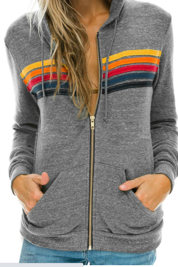 Dames Trendy Veelzijdige Hoodie Vest met Regenboogstrepen en Capuchon | Saba