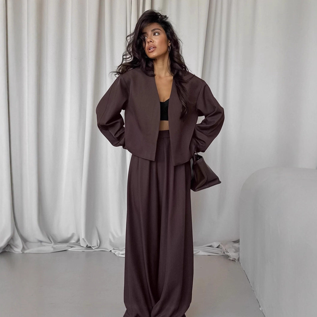 Dames Elegante Minimalistische Tweedelige Set met Wijde Broek en Moderne Blazer | Delicia