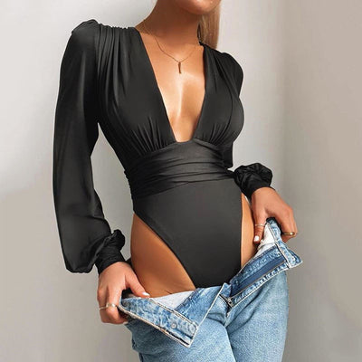 Dames Trendy Modieuze Luxe Diepe V-hals Bodysuit met Lange Mouwen | Thyara