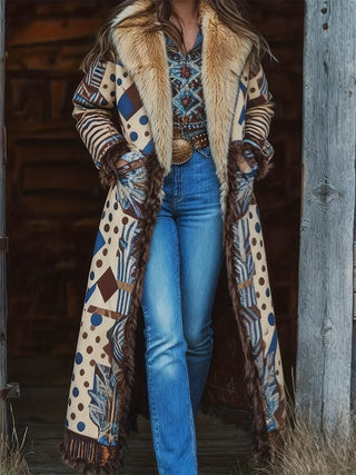 Dames Unieke Warme Lange Jas met Aztec Patroon en Faux Fur Kraag | BIbi