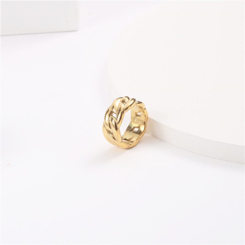 Dames Gouden Brede Schakel Ring met Grove Kettingstructuur | Lamsha