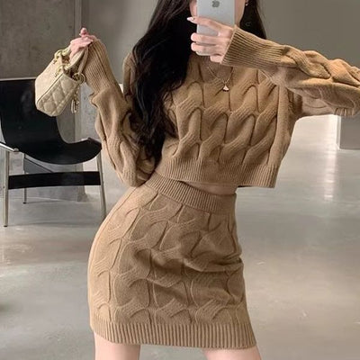 Dames Trendy Stijlvolle Tweedelige Gebreide Set met Structuur Rok en Trui | Dania