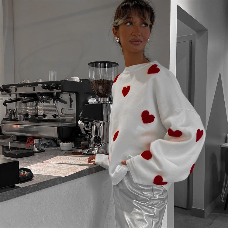 Dames Elegante Stijlvolle Ruimvallende Gebreide Trui met Harten Jacquard | Ralissa
