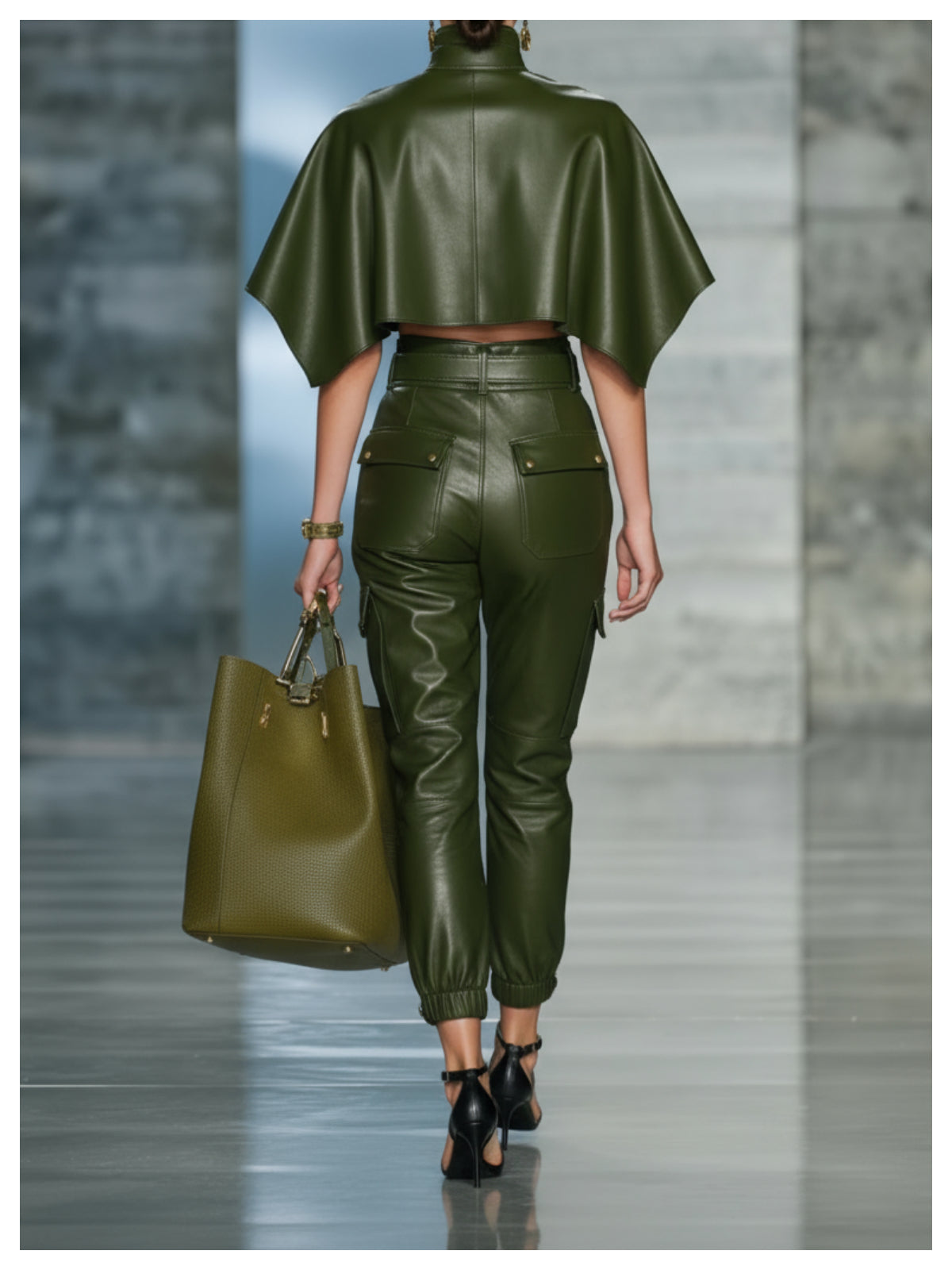 Dames Exclusieve Stijlvolle Olijfgroene Faux Leather Tweedelige Set met Crop Top en Hoge Taille Broek | Doutzen