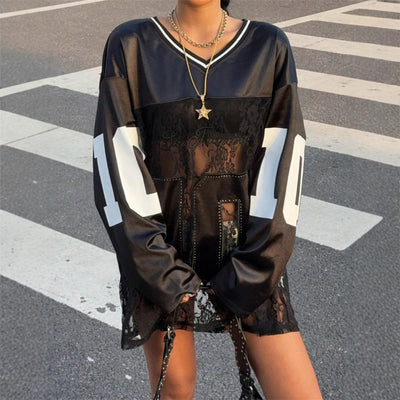 Dames Sportieve V-neck Jersey Top met Kant en Sportprint | Tania