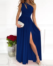 Dames Elegante Maxi Jurk met Asymmetrische Halslijn en Split | Nidra