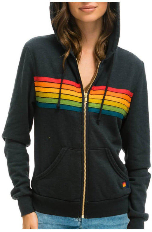 Dames Trendy Veelzijdige Hoodie Vest met Regenboogstrepen en Capuchon | Saba