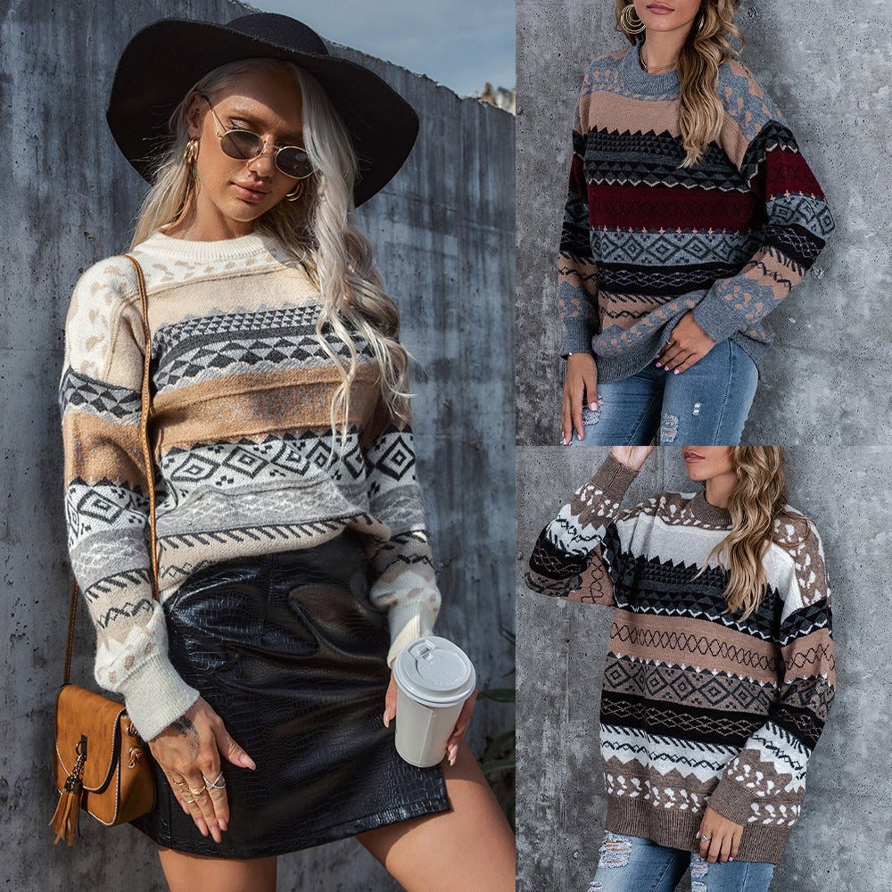 Dames Warme Trendy Gebreide Trui met Aztec Folklore Print | Rensy