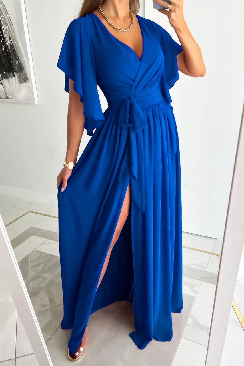Dames Elegante Maxi Jurk met V-hals en Strikceintuur | Nariva