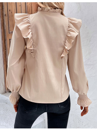 Dames Stijlvolle Romantische Beige Blouse met Ruches | Hella