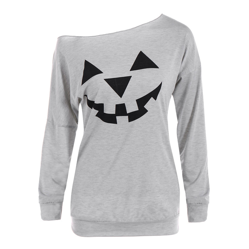 Dames Halloween Off-Shoulder Trui met Pompoenprint | Tasha
