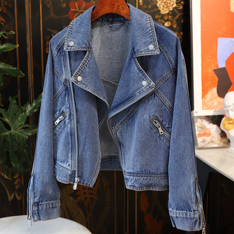 Dames Veelzijdige Street Style Denim Biker Jas met Rits Details | Bamora