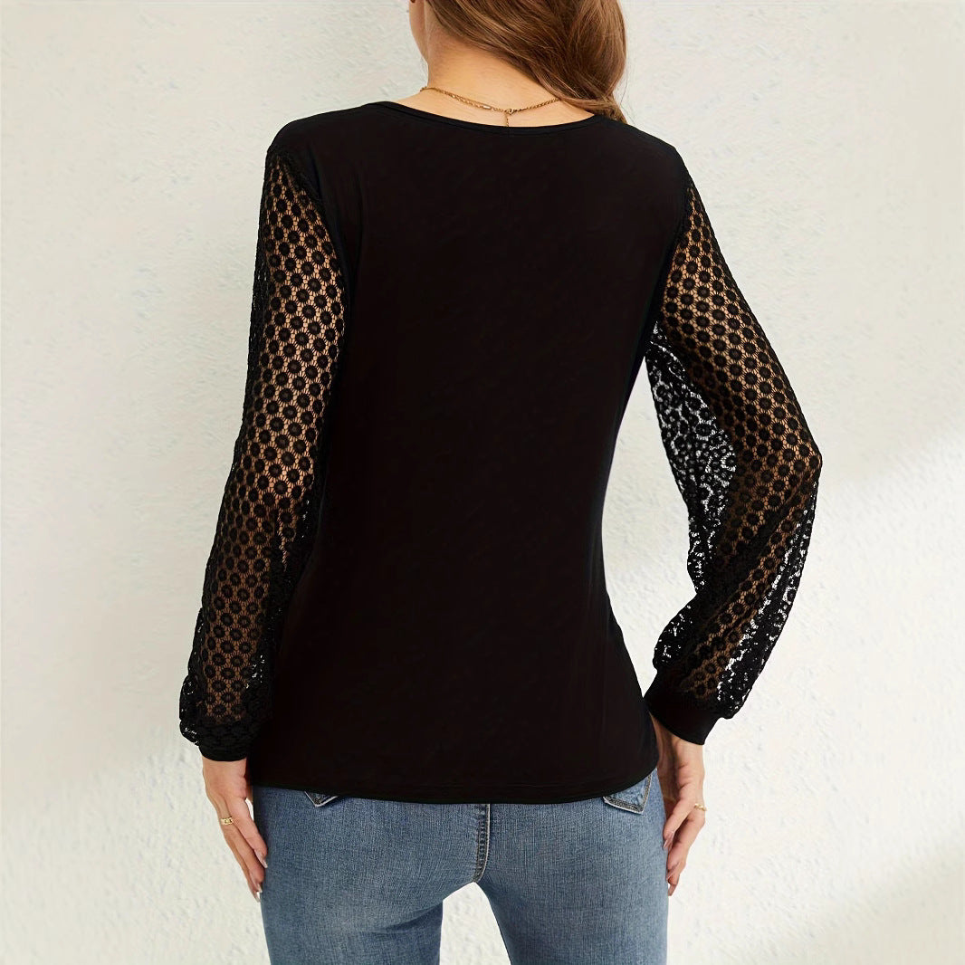Dames Luxe Modieuze Zwarte V-hals Top met Kanten Mouwen | Talissa