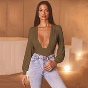 Dames Trendy Modieuze Luxe Diepe V-hals Bodysuit met Lange Mouwen | Thyara