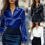 Dames Elegante Stijlvolle Satijnen Look Blouse met V-Hals | Hillany