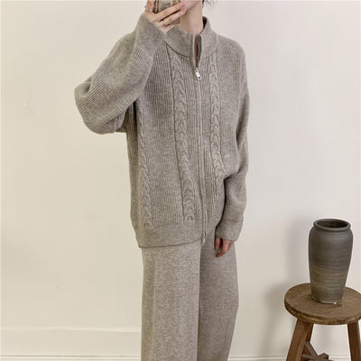 Dames Stijlvolle Tweedelige Gebreide Set met Rits Trui en Broek | Dimisa