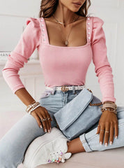 Dames Trendy Top met Vierkante Hals en Sierknopen | Tona