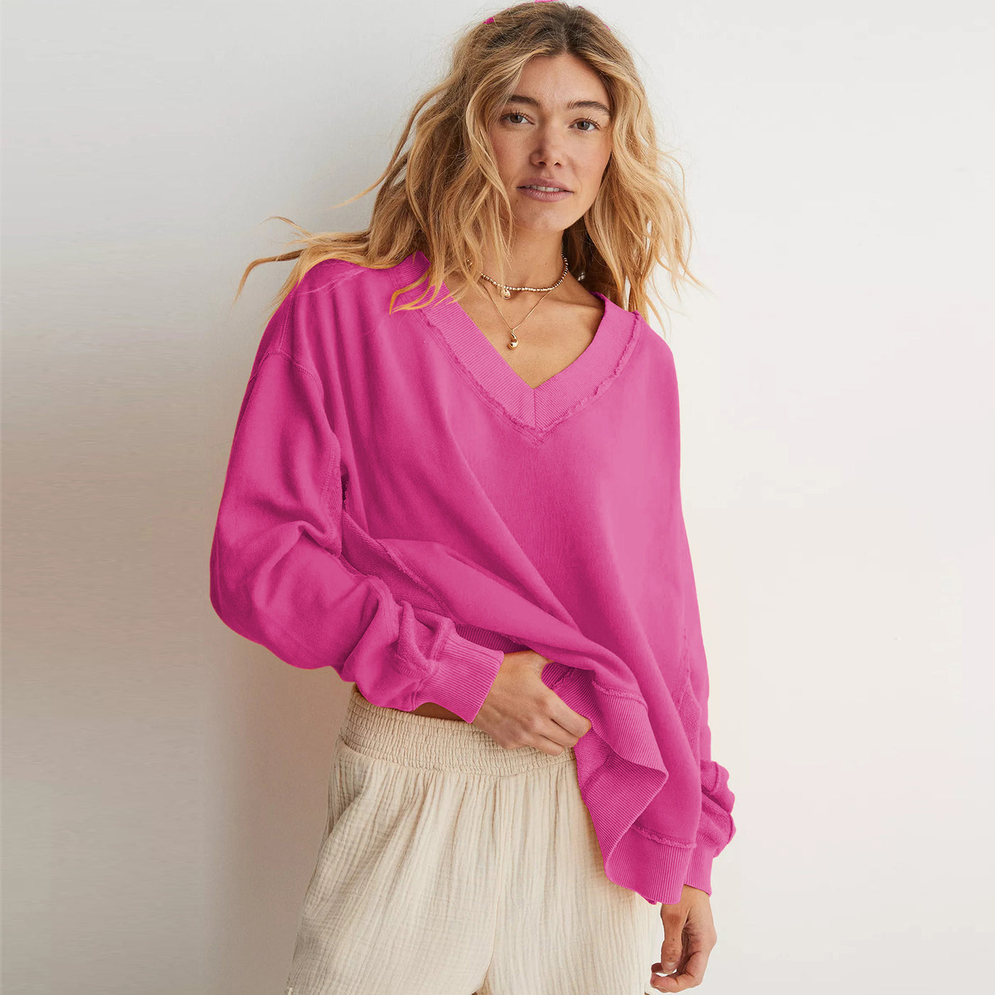 Dames Comfortabele Basic Lounge Sweater met V-Hals | Sana