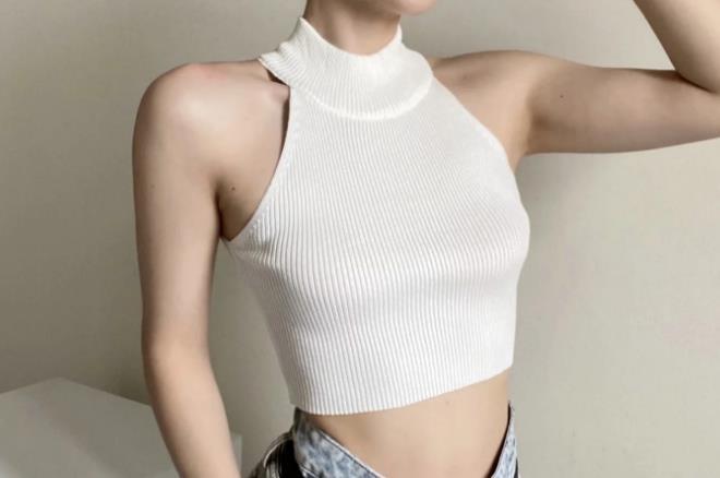 Dames Geribde Halter Top met Hoge Hals en Slim Fit Pasvorm | Basic Essential Crop Top | Gayle