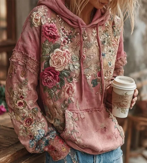 Dames Vintage Barok Hoodie met Vrouwelijk Bloemen Print | Sharony