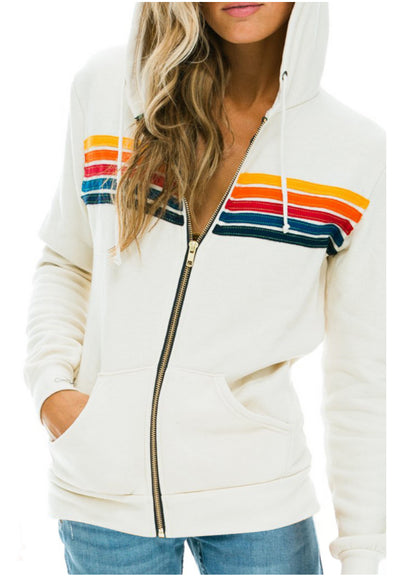 Dames Trendy Veelzijdige Hoodie Vest met Regenboogstrepen en Capuchon | Saba