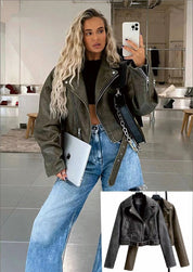 Dames Korte Stoere Afgewassen Bikerjas met Ritsen | Belissa