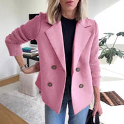 Dames Elegante Moderne Wollen Look Blazer met Gebreide Mouwen en Dubbele Knoopsluiting | Barbella