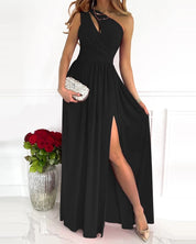Dames Elegante Maxi Jurk met Asymmetrische Halslijn en Split | Nidra