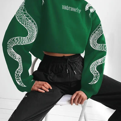 Dames Trendy Casual Korte Hoodie met Slangen Print | Serelina