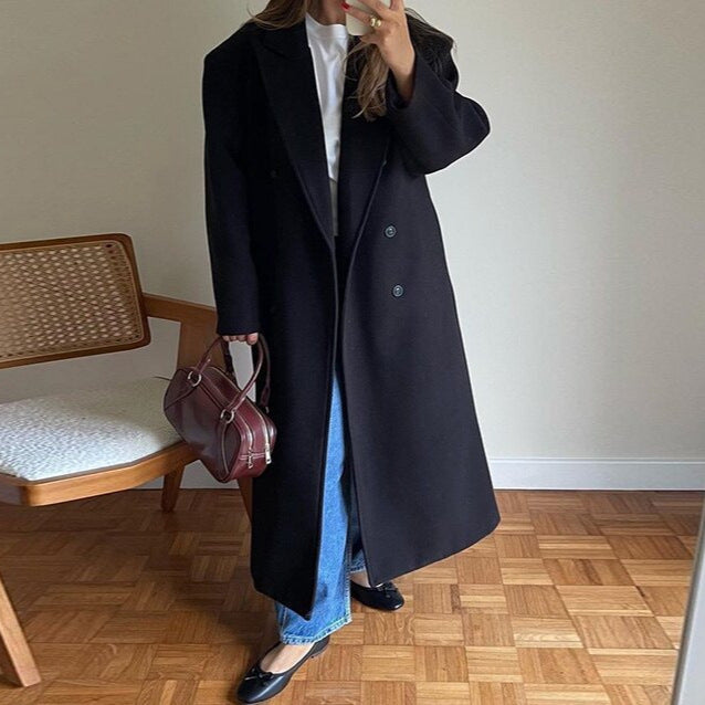 Dames Elegante Trendy Lange Wollen Look Jas met Reverskraag en Double Breasted Knoop Sluiting | Bathea
