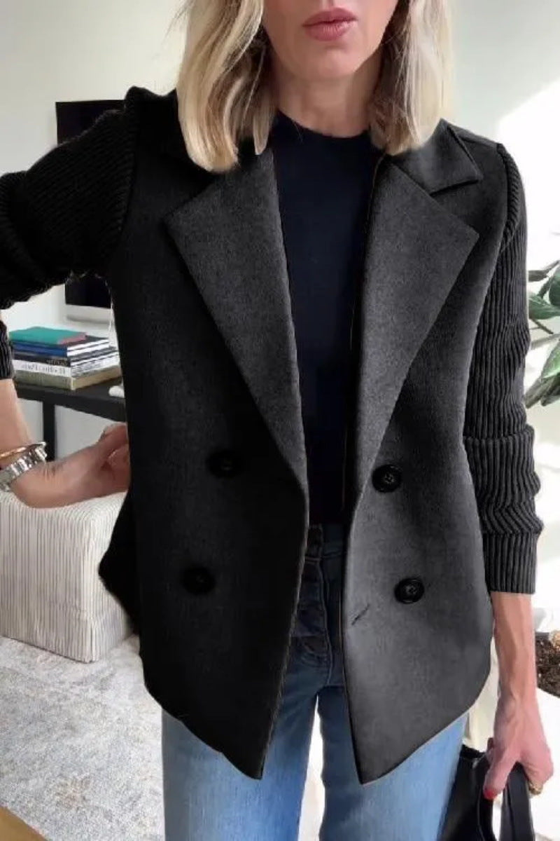 Dames Elegante Moderne Wollen Look Blazer met Gebreide Mouwen en Dubbele Knoopsluiting | Barbella