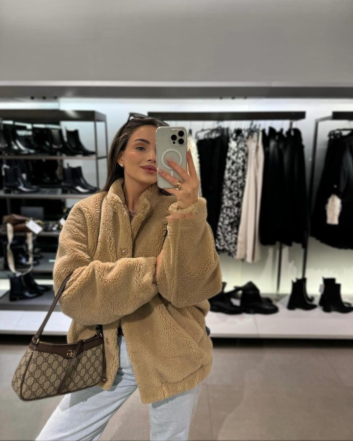 Dames Trendy Stijlvolle Fleece Bomber Jacket met Opstaande Kraag | Brinta